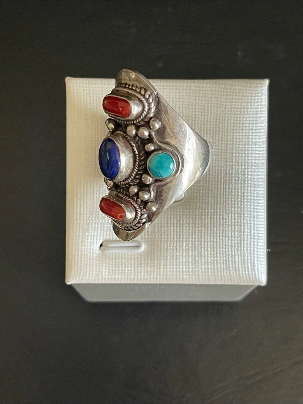 Vintage 925 Sterling genuine lapis turquoise,red coral Statement Ring.